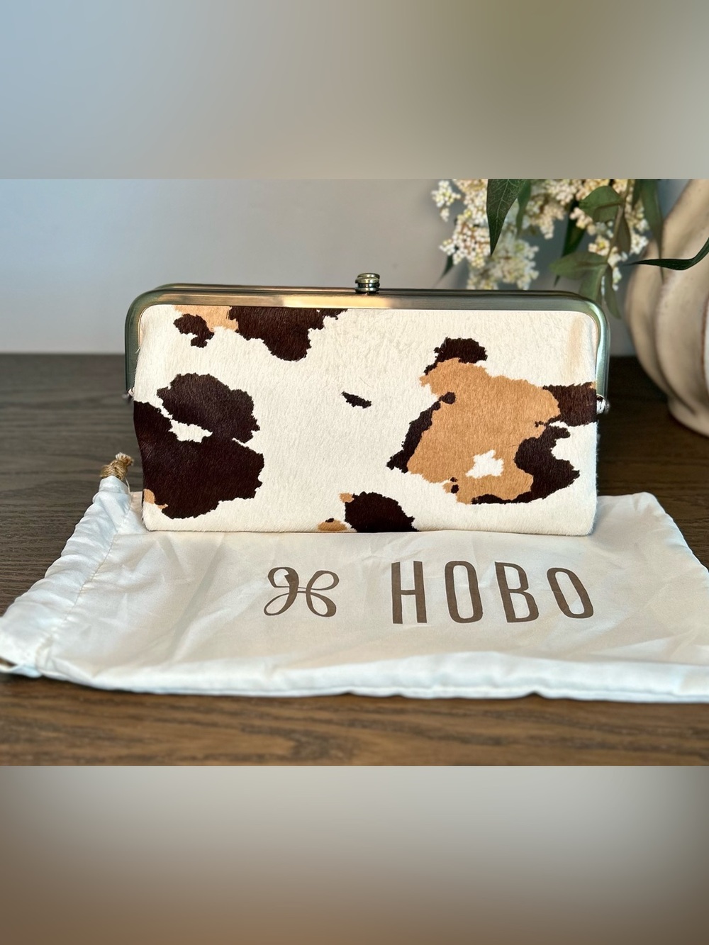 NWT HOBO Lauren Cow Print Haircalf Leather Clutch Wallet Dust Bag